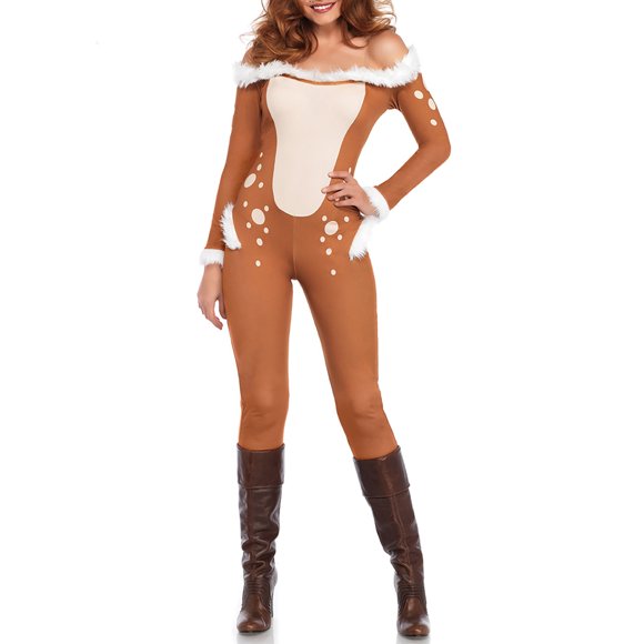 Fortune Women Christmas Reindeer Costume, Fuzzy Trim Off Shoulder Long Sleeve Bodycon Jumpsuits Party Outfits