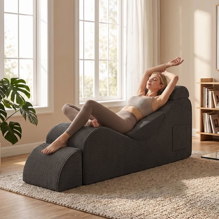 Yoga Chair for Adults, Yoga Chaise Lounge with Headrest & Ottoman, High Density Foam,Grey