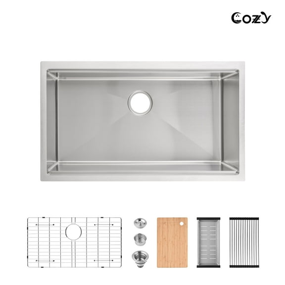 33″x19″ Stainless Steel Undermount Single Bowl Sink, Brushed Finish, 1 Count, with Accessories, SS-BR-09