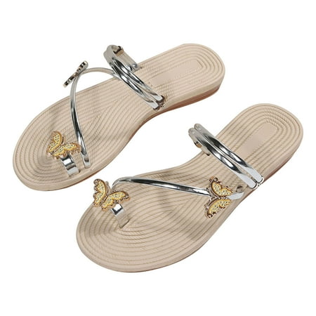 

Women s Flip Flops Strappy Slide Flat Sandal Fisherman Thong Cross Strappy Sandals Womens Summer Slippers Rhinestone & Butterfly Decorate Toe Ring Design Sandals Silver 6