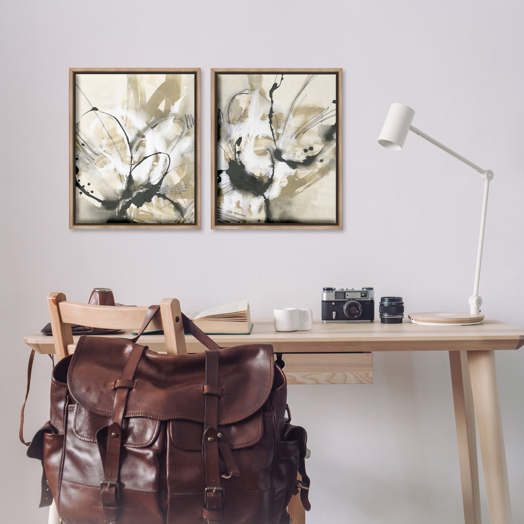 Stupell Industries Beige & Black Splatter Abstract Painting Brown Floater Framed Canvas Art Print Wall Art, 17 x 21, Set of 2