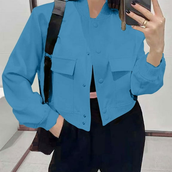 UQJfacai Womens Cropped Bomber Jacket Short Varsity Jackets Fall Winter Casual Long Sleeve Button Down Coats Outerwear with Pockets