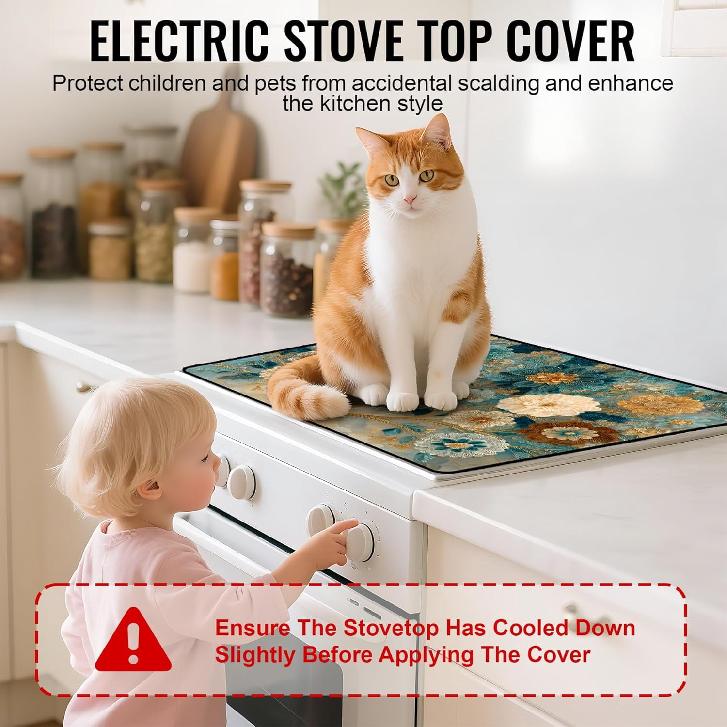 Stove Top Cover for Electric Stove 28.5x20.5 Inch Silicone Stove Topper & Protector, Decorative Kitchen Mat for Electric/Glass Stove Top (Cream & Gold Floral Tree)