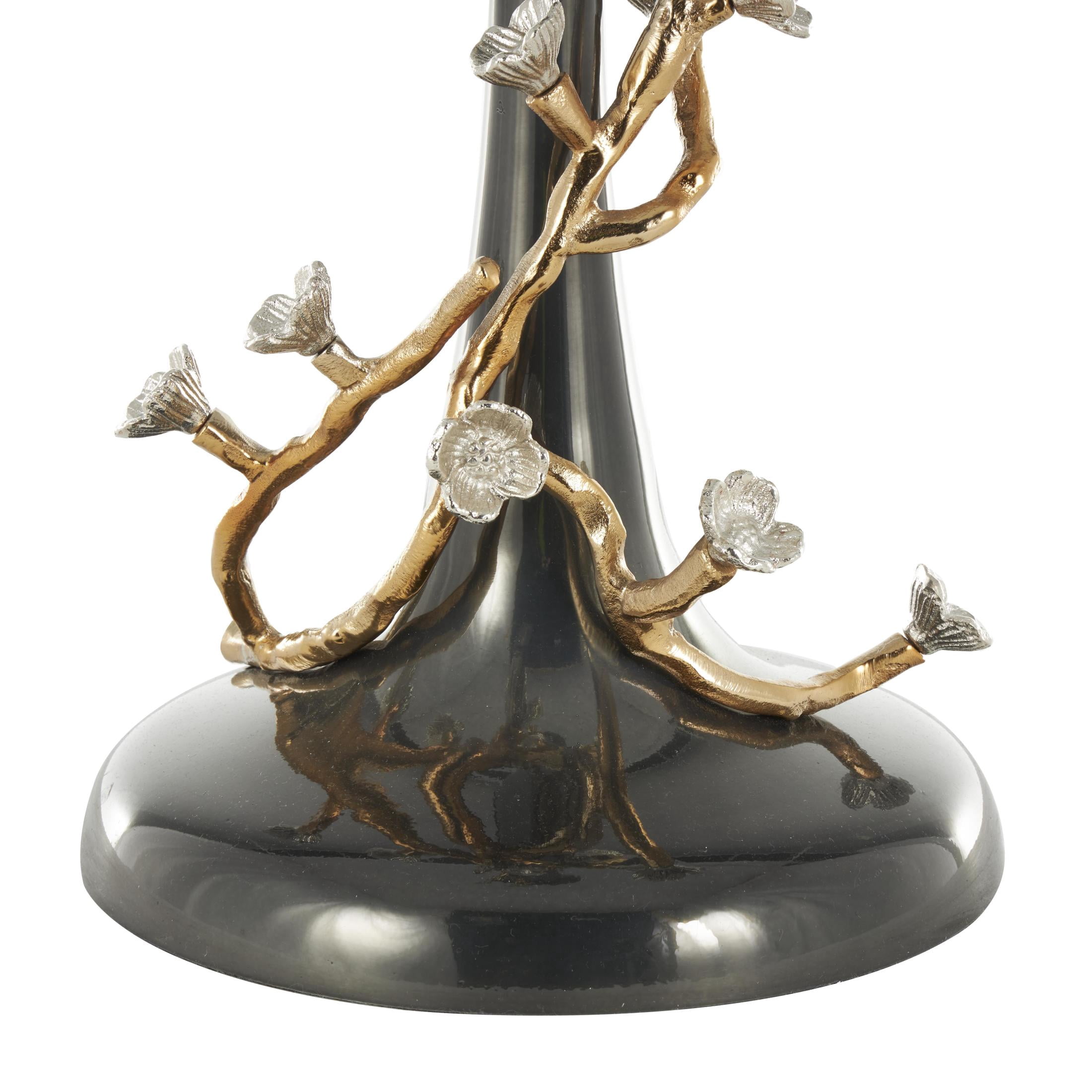 DecMode 18" x 23" Black Aluminum Metal Twisted Vine Floral Accent Table with Gold and Silver Accents and Glass Tabletop, 1-Piece