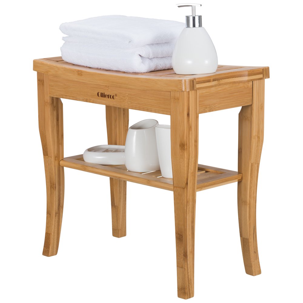 Mllieroo Bamboo Shower Seat Bench with Underneath Storage Shelf Wood