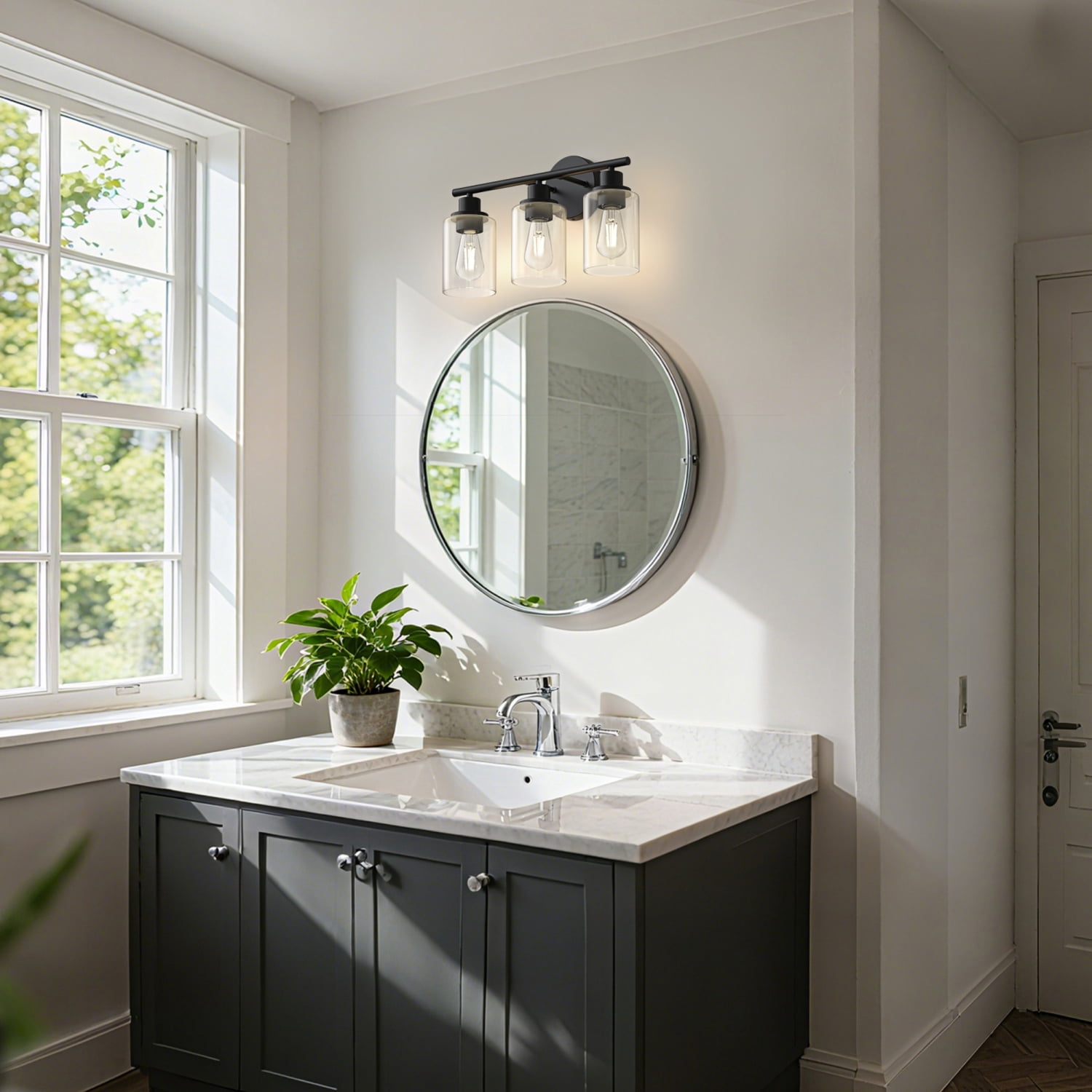 YANSUN 17 in Matte Black 3-Light Industrial Vanity Light with Clear Glass Shades for Bathroom Hallway Living Room  E26 Base (Bulbs Not Included)