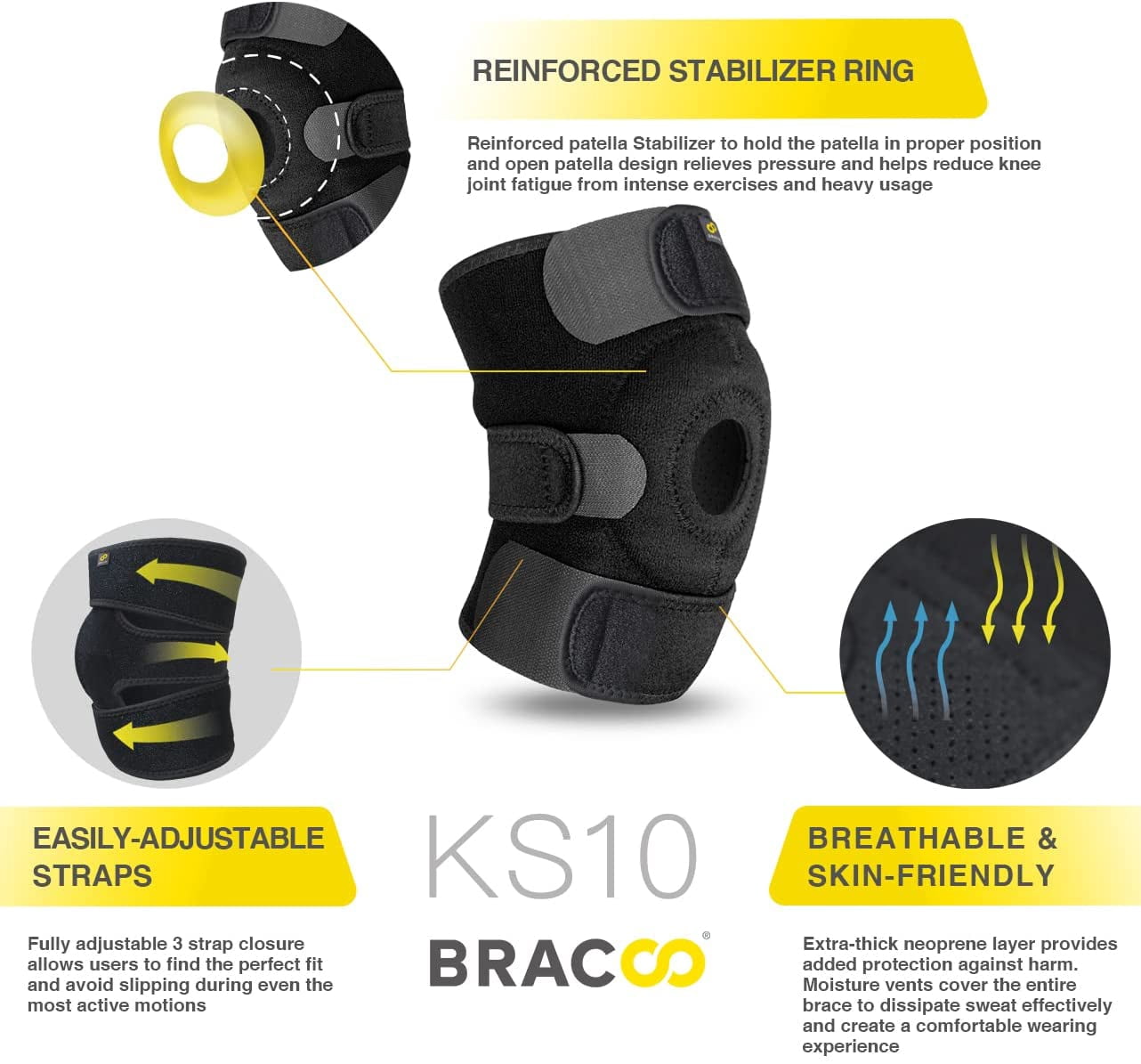 Knee Support Br for Men Women, Adjustable Compression Sleeve Wrap Patellar Pad Tendon - Arthritis Pain, meniscus tear, Injury Recovery, Running, Workout, KS10