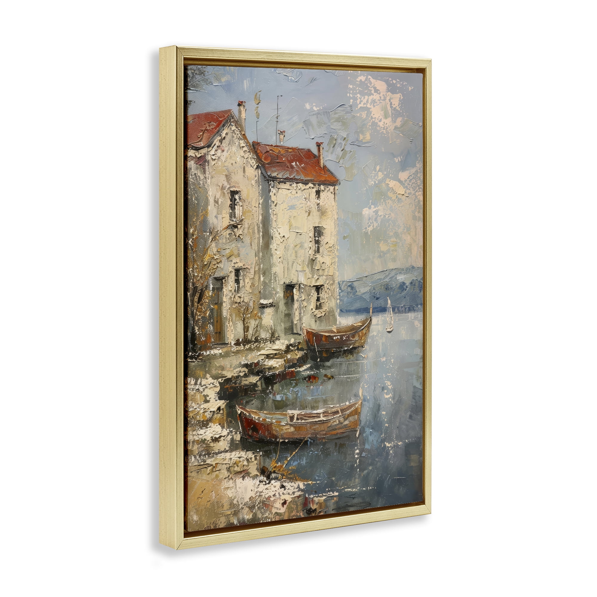 Stupell Industries Red Townside Boats Scenic & Cityscapes Painting Gold Floater Framed Canvas Art Print Wall Art, 21 x 31
