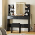 thumbnail image 1 of Ourlova Vanity Desk with Mirror & Lights, Stool, Power Outlet, 6 Storage Shelves, 2 Drawers, 3 Color Lighting, 1 of 6