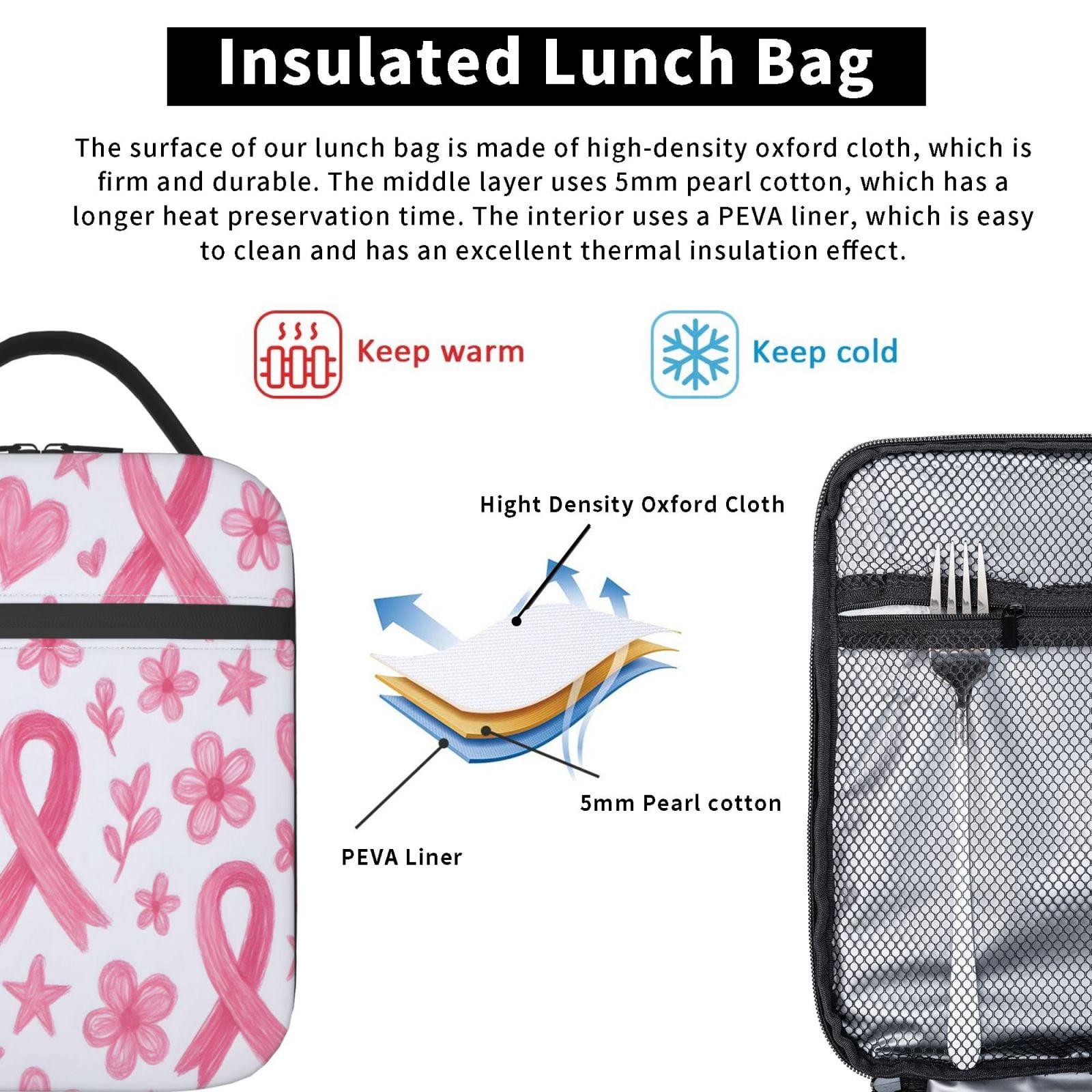Lunch Bag For Women Men Insulated Portable Lunch Box Bento Box Office Picnic Travel Cooler Bag Artistic Pink Ribbon Pattern With Sketched Elements
