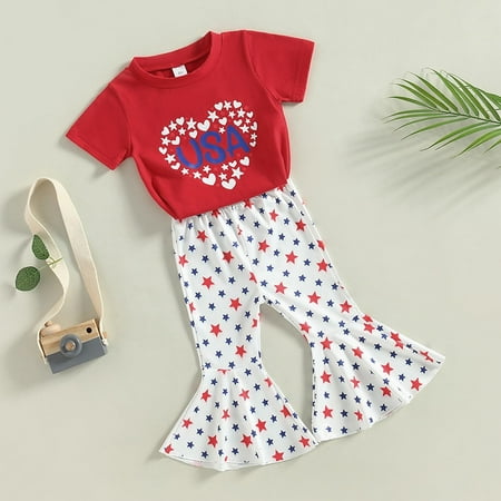 

eczipvz 4th of July Toddler Girl Outfits Baby Independence Day Girls Tank Tops Bell Bottom Fourth of July American Flag Pants Set Red