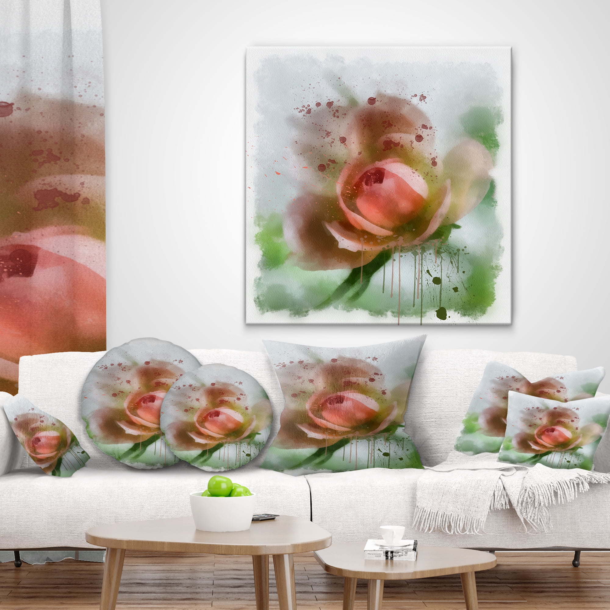 Designart Pink Flower on Green Background - Floral Throw Pillow - 12x20