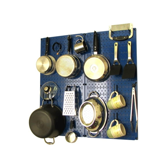 Wall Control Kitchen Pegboard Organizer Pots and Pans Pegboard Pack Storage and Organization Kit with Blue Pegboard and Black Accessories
