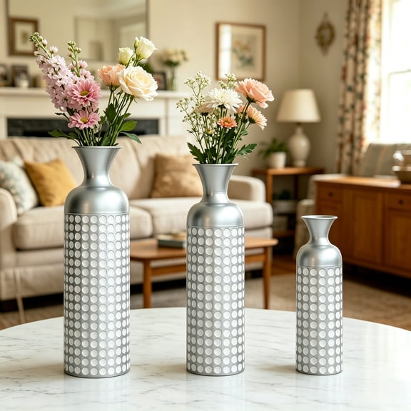 WRXELAN Set of 3 Tall Floor Vases for Living Room Decor, Vases for Home Decor, Embossed Body Pattern, Geometric Cylinder (Vintage Silver)