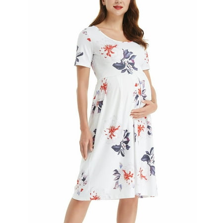 

CaComMARK PI Female Maternity Dress Ladies Summer Flower Print Short Sleeve Pregnant Woman Clothe Dress White