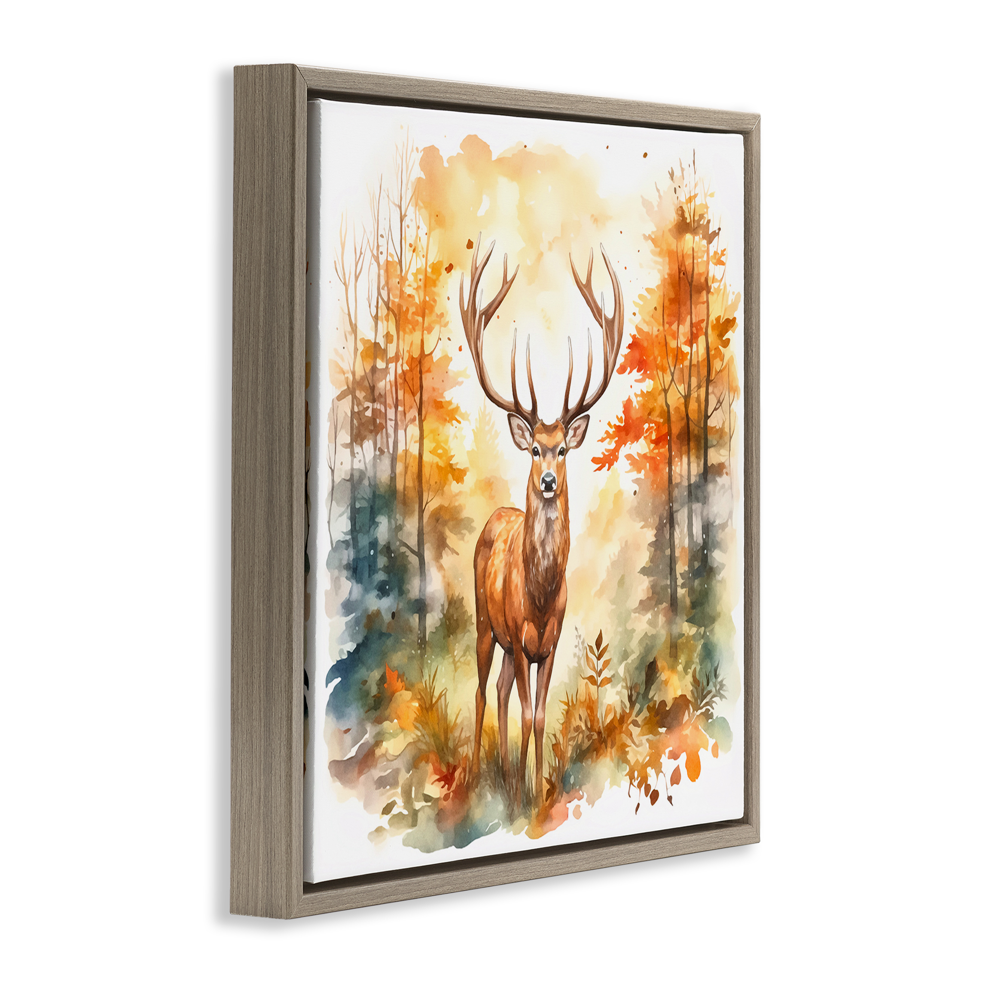 Stupell Industries Autumn Forest Stag Landscape Painting Brown Floater Framed Canvas Art Print Wall Art, 18 x 18