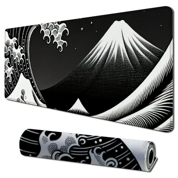 Black and White Japanese Wave Dragon Gaming Mouse Pad - Abstract Mat with Non-Slip Rubber Base, , Stitched Edges - Desk Pad for Office and Home