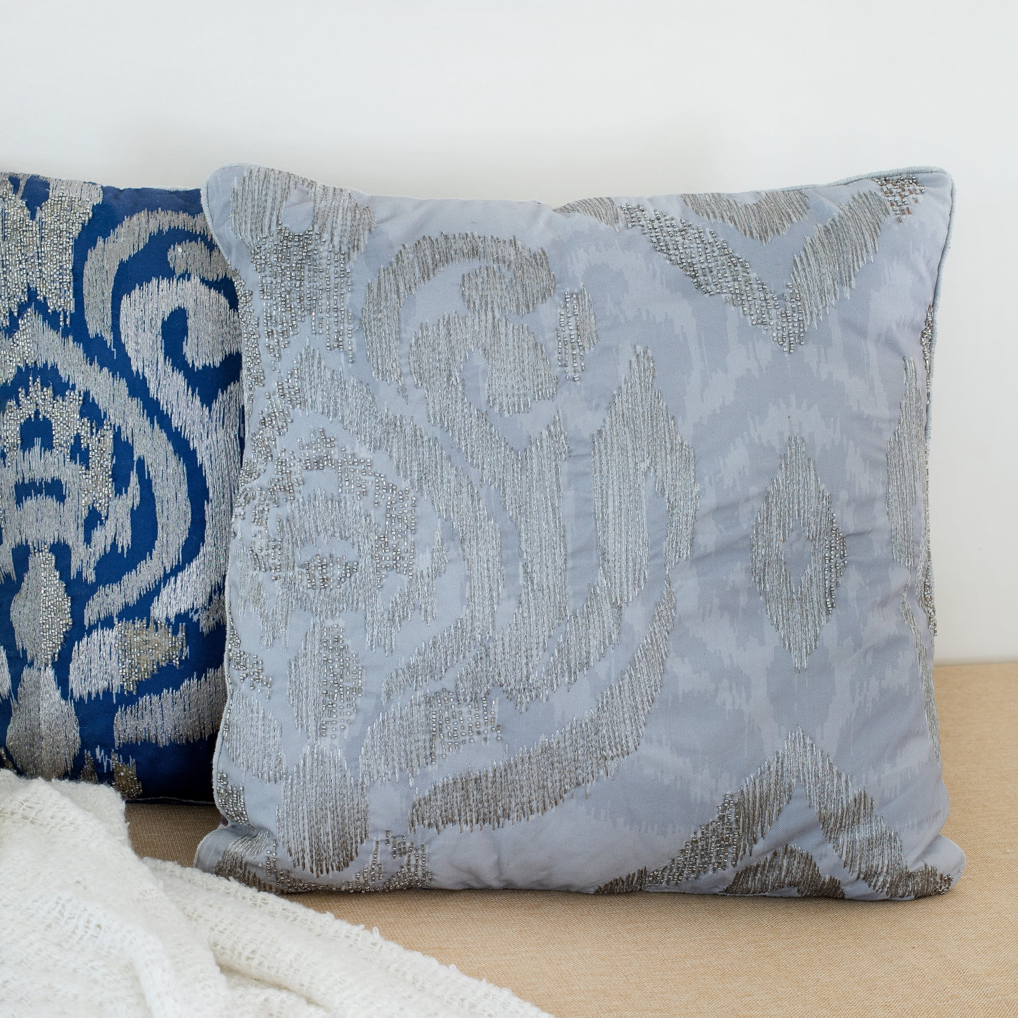 Ox Bay Amara Ikat Glam Polyester Hand Woven Throw Pillow, Silver/Gray, 20" x 20"