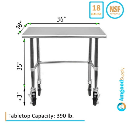 

AmGood 36 Long x 18 Deep Stainless Steel Work Table With Open Base and Wheels | Mobile Metal Table