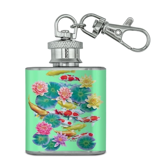 Koi Fish Pond Water Dance Stainless Steel 1oz Mini Flask Key Chain