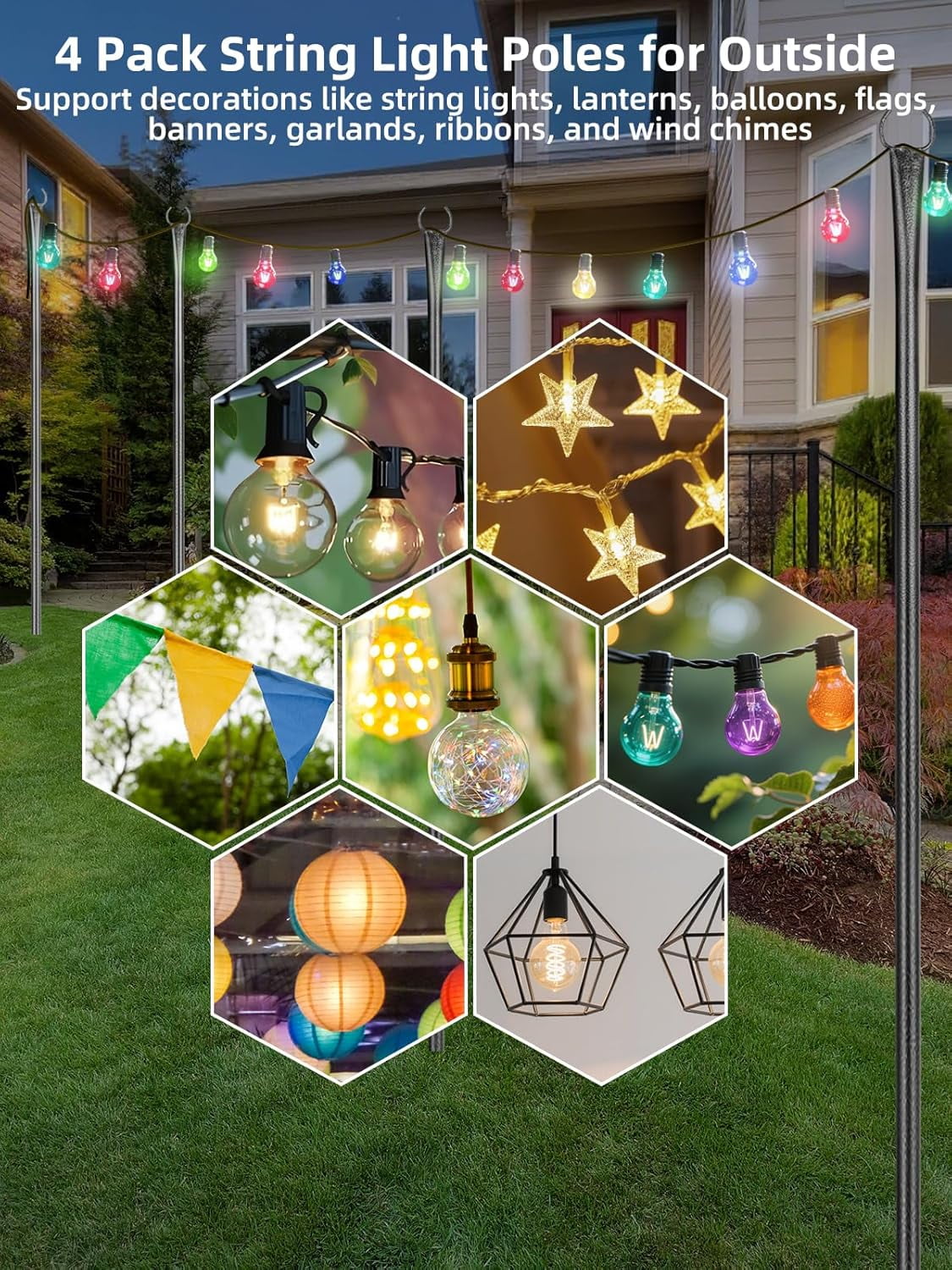 4 Pack 10ft Outdoor String Light Poles for Outside and Deck - Ideal for Patio, Garden, Yard, Front Porch Decorations, Frosted Silver