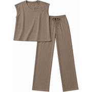 Cueply Two Piece Sets for Women Summer Casual Vacation Outfits Cap Sleeve Wide Leg Long Pants Lounge Sets