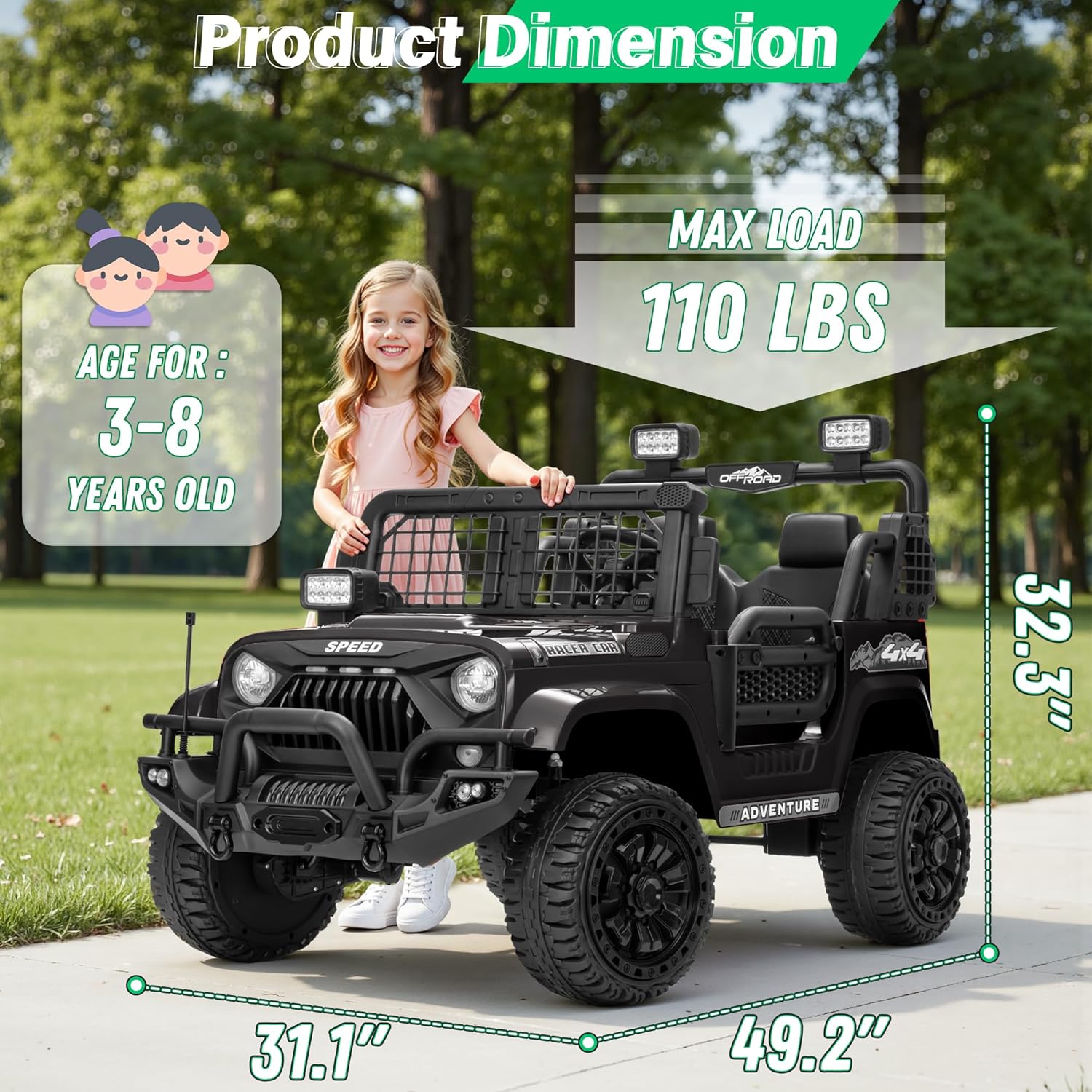 HappyToysWorld Kids Ride On Car 24V with Parent Remote Control, 2-Seater Electric Toy Truck for Big Boys & Girls, 4 Shock Absorbers, 3 Speed Modes, 24 Volt Battery Powered Vehicle