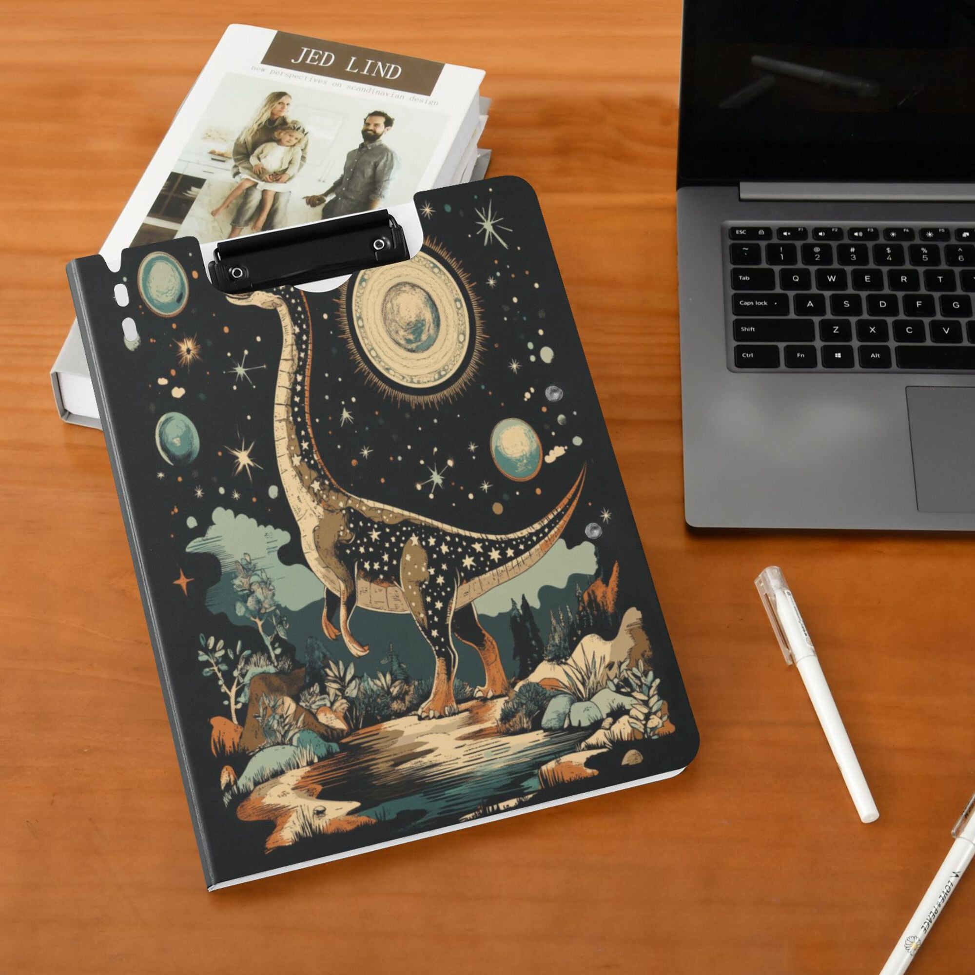 FORMRS A4 Clipboard Folder with Pen Holder Horizontal Foldable School Office Binder, Black Dinosaur