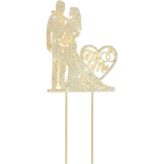 XD4-Wedding Cake Toppers Bride and Groom, Rhinestone Metal Mr and Mrs Cake Topper, Elegant Gold Wedding Cake Topper for Bridal Shower, Anniversary, Engagement Party Decorations*04