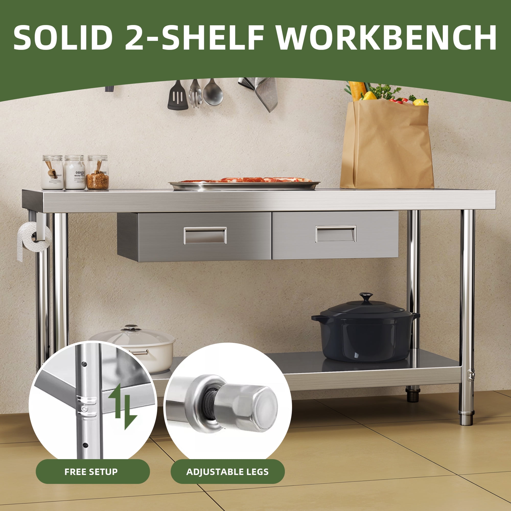 Uforic 60" x 24" Stainless Steel Prep Table with 2 Drawers, Paper Towel Holder, Adjustable Storage, Heavy-Duty Metal Workbench for Commercial, Home, Industrial