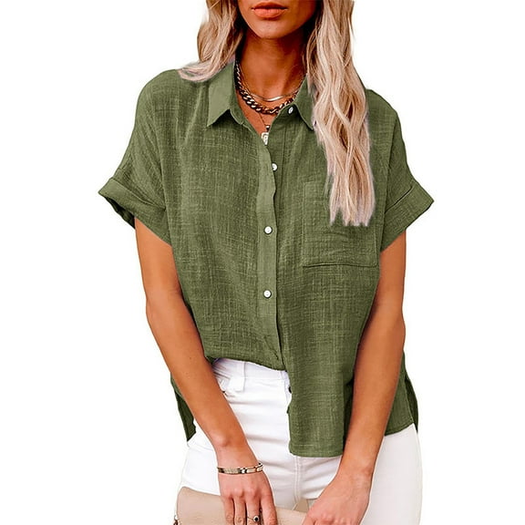 Summer Linen Short Sleeve Loose Fit Dress Shirts for Women Green Leisure Solid Color Work Fashion Women's Casual Button Shirt M