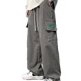 thumbnail image 3 of Pantalones anchos de pierna recta para hombre Bolsillos laterales casuales Pantalones holgados con cordón de color puro Gris XL, 3 of 8