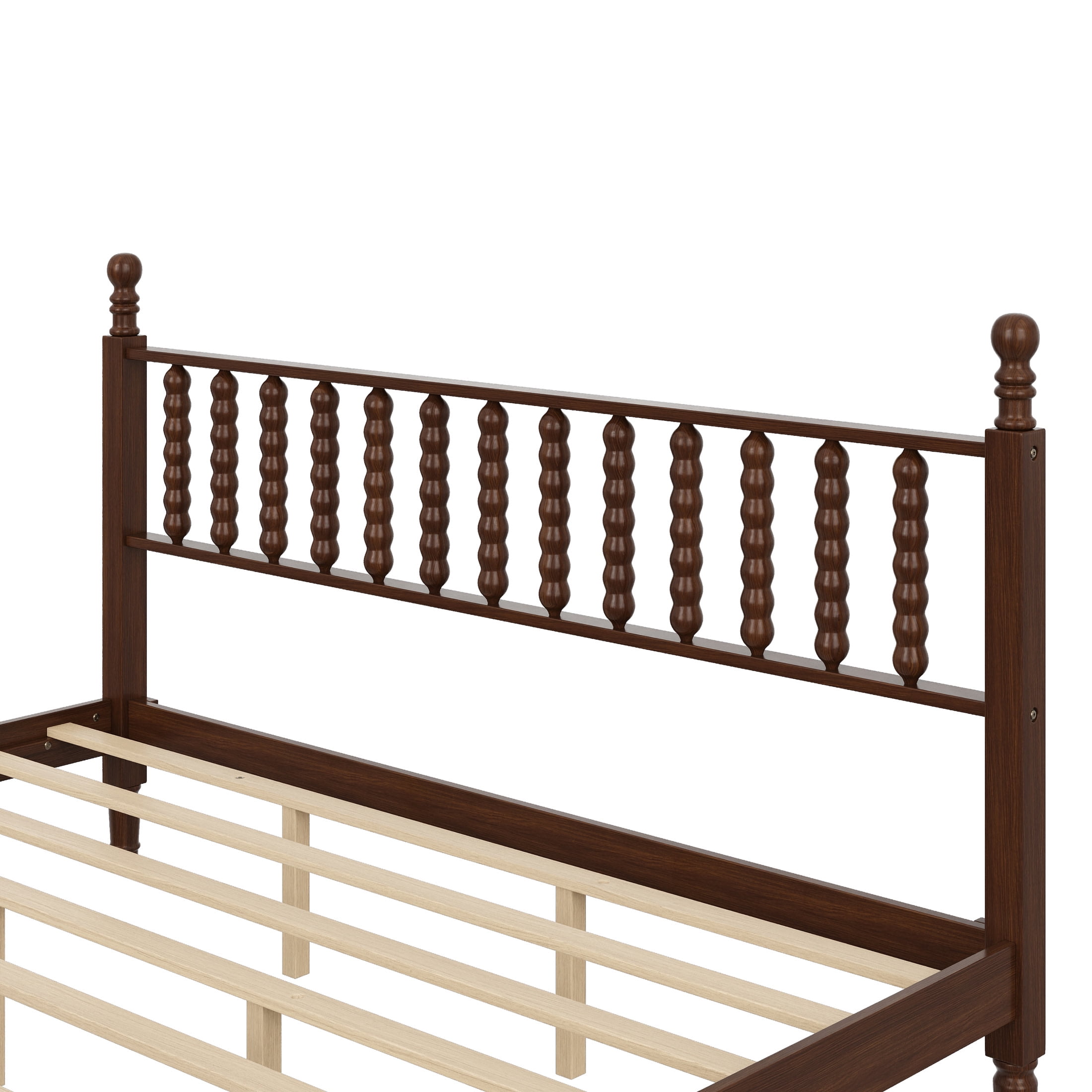 Noble House King Size Wood Platform Bed with Gourd-Shaped Headboard, Retro Style Bed with Wooden Slat Support, Walnut