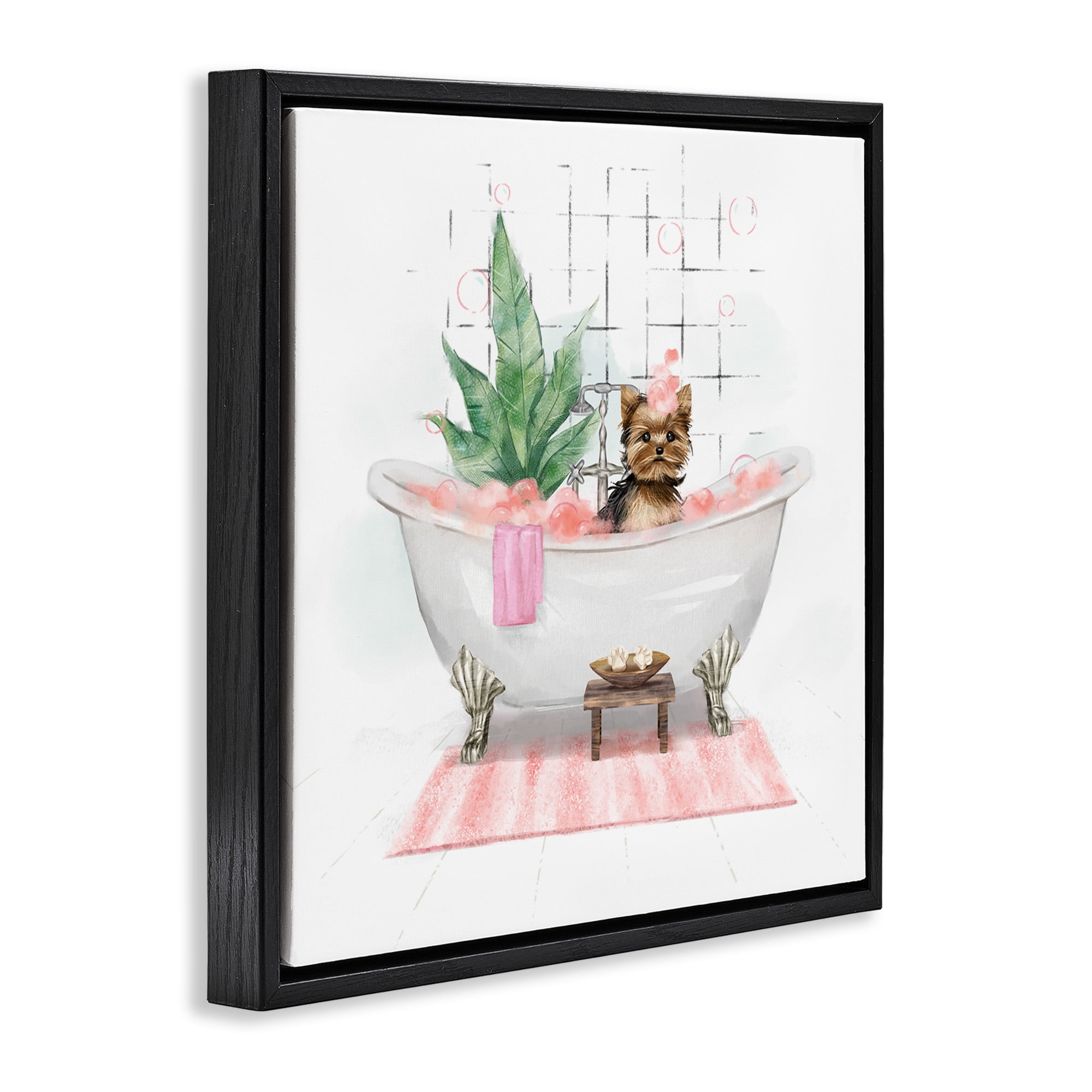 Stupell Industries Chic Yorkie Dog in Bubble Bath Animals & Insects Painting Black Floater Framed Canvas Art Print Wall Art, 25 x 25