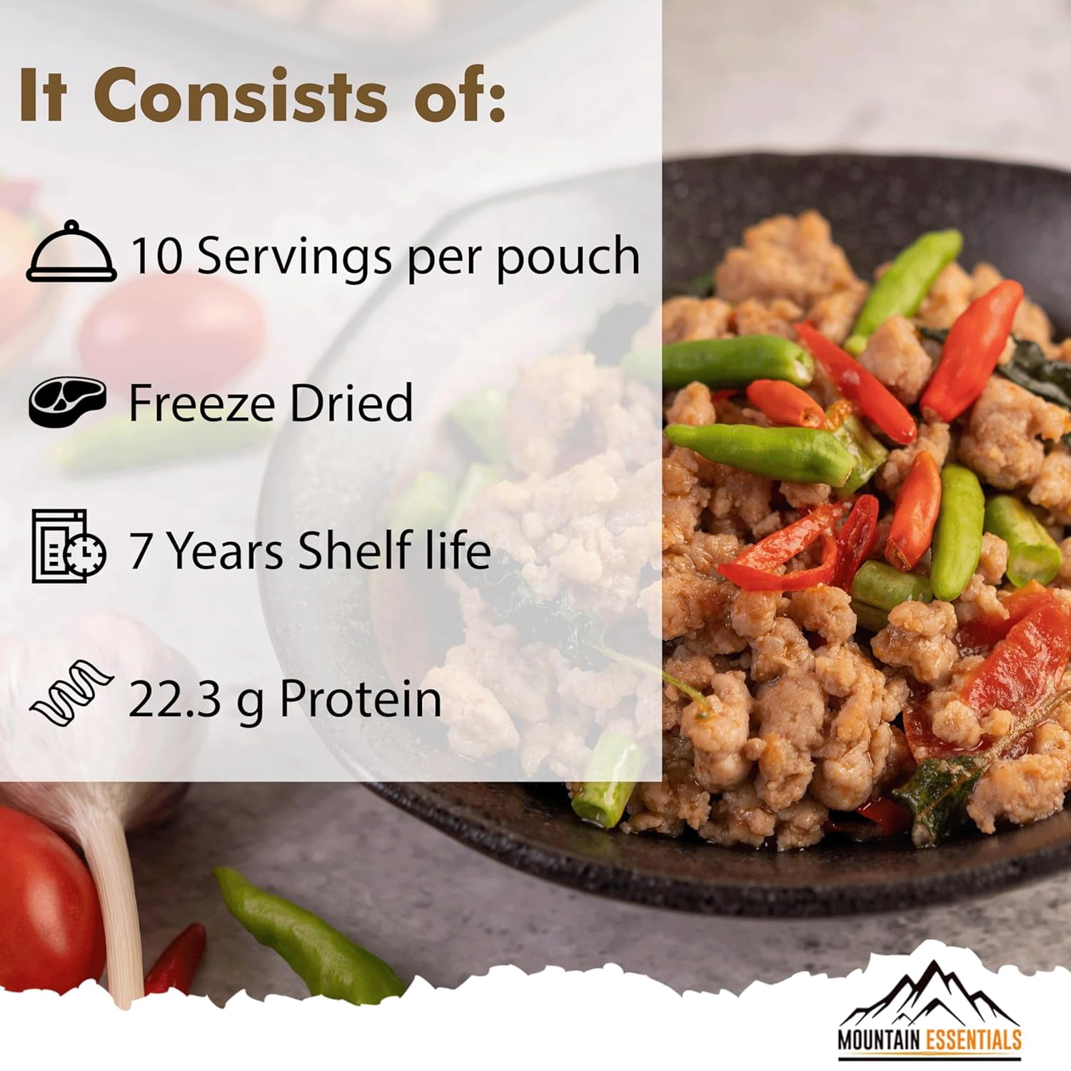 Mountain Essentials Freeze-Dried Pork Sausage Crumble – Fully Cooked, Ready to Eat – 10 Servings – Emergency, Camping, Daily Meals – 7-Year Shelf Life – Made in USA
