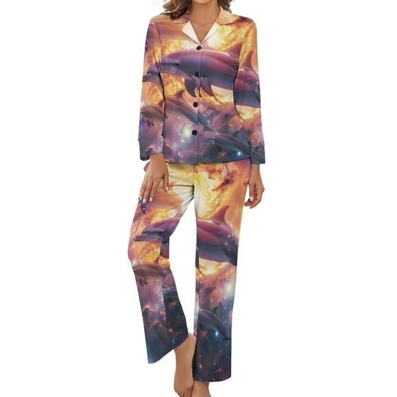Dolphins Universe Women's Long Sleeve Flannel Pajama Set Sleepwear S