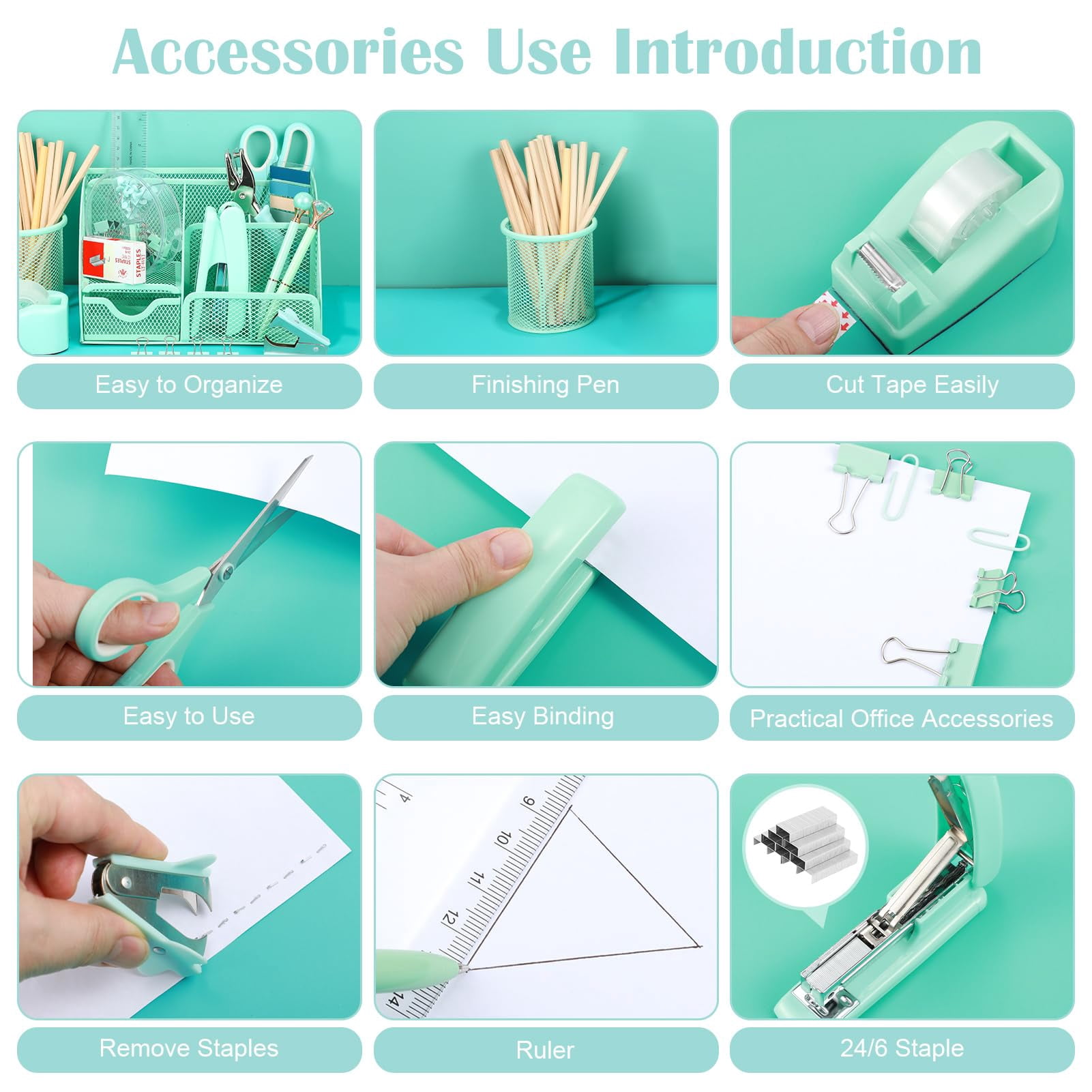 Green Desk Organizers And Accessories  Teal Office Supplies Set Mesh Organizer Stapler Tape Dispenser 1000 Staples Staple Remover Pen Holder Clips Ruler