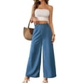 thumbnail image 3 of Women'S Elastic Smocked Waist Pants Straight Leg High Rise Long Trousers Blue L, 3 of 9