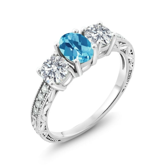 Gem Stone King 10K White Gold Swiss Blue Topaz and Lab Grown Diamond Engagement Ring for Women | 2.12 Cttw | Oval Checkerboard 7X5MM | Gemstone November Birthstone | Size 5