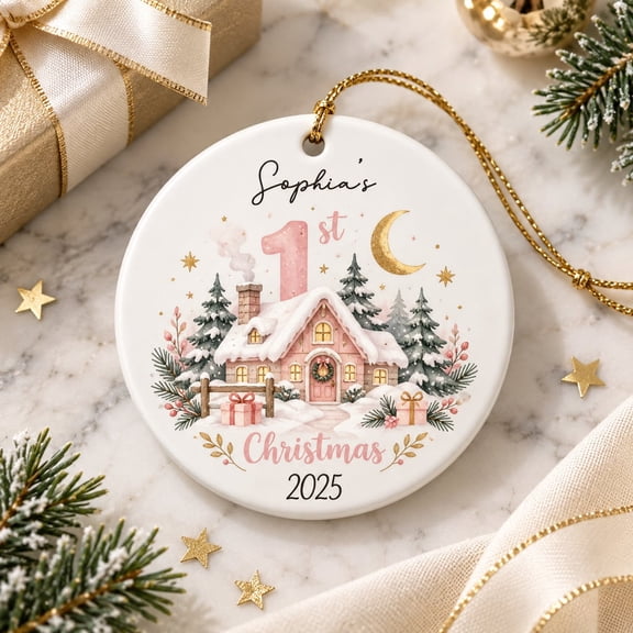 Ornament Personalized Winter Cottage 1st Christmas Ceramic Christmas Tree Decor Holiday Keepsake