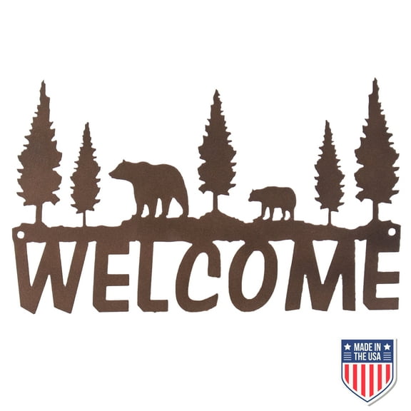Rustic Metal Welcome Sign with Bear and Tree – Outdoor Cabin Decor, Weatherproof Wall Art