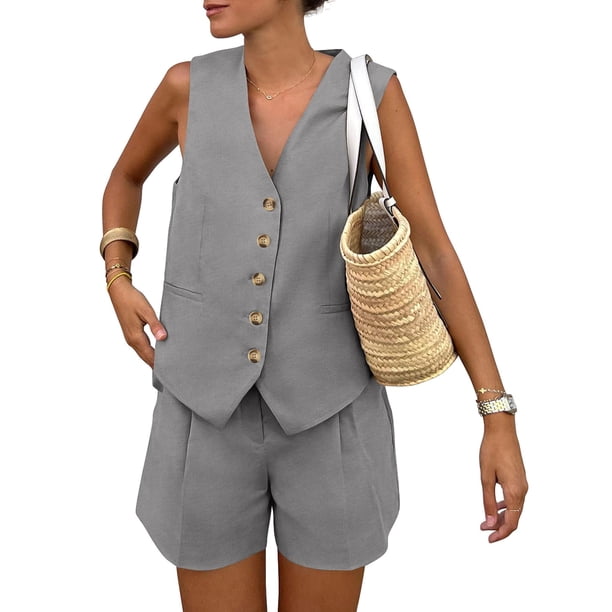 Conjunto de Mujer de 2 Piezas PRETTYGARDEN Chaleco sin Mangas y Shorts Gris Talle S