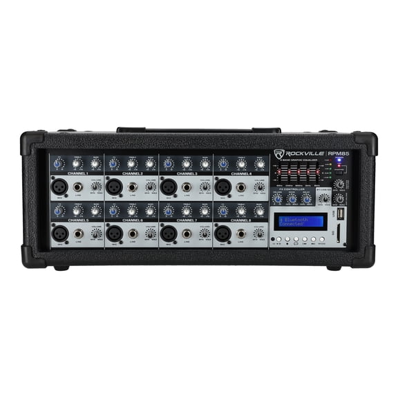 Restored Rockville RPM85 8 Channel Powered Mixer with Bluetooth USB SD and LCD Display, 5 Band EQ, Built In Effects, Wood Cabinet (Refurbished)