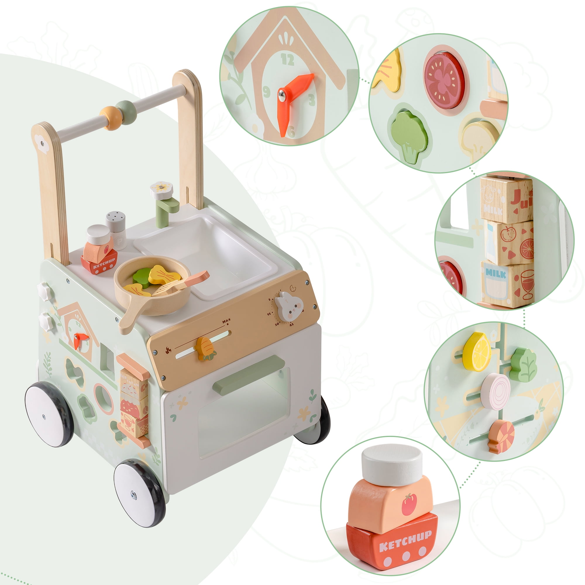 Robud Wooden Baby Push Walker – Montessori Learning Adjustable Toy with Activity Panel & Safety Wheels, Prevent O-Shaped Legs, for 10-12 Months 1 2 3 Years Old Girls Boys