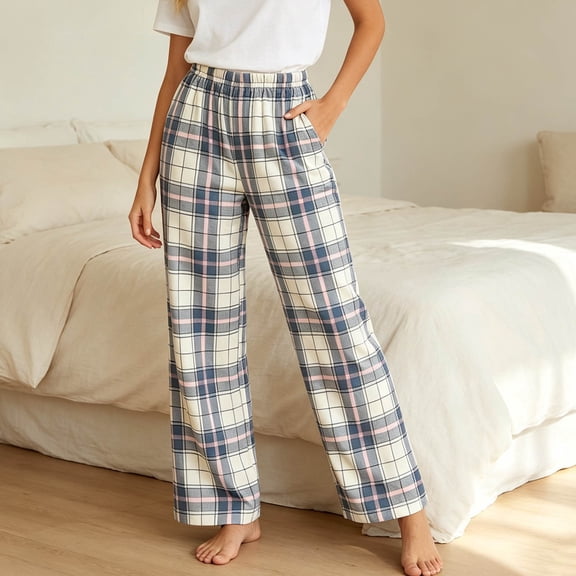 Zormilly Pajama Pants Women Plaid Elastic High Waisted Lounge Pants with Pockets Fashion Soft Straight Leg Trousers, S-XL