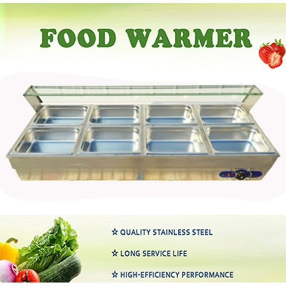 INTBUYING 8-pan Food Soup Warmer Stove Bain Marie Commercial Canteen Buffet Steam Table Heater with Glass Guard