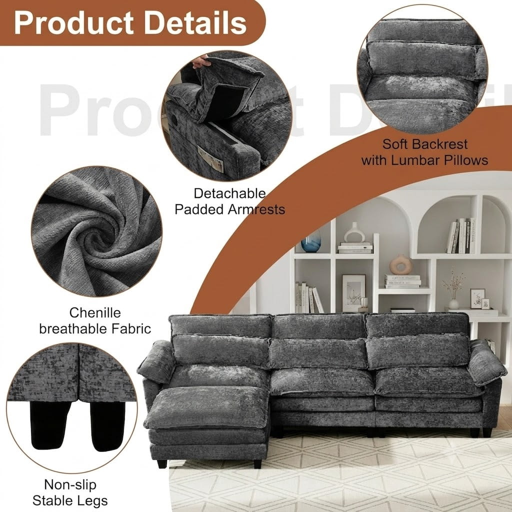 Howcool Cloud Couch Modular Sectional Sofa 3 Seat 113" L Shaped Convertible Couch Chenille Thick Cushion with Ottoman, Removable & Washable Cover for Living Room, Grey