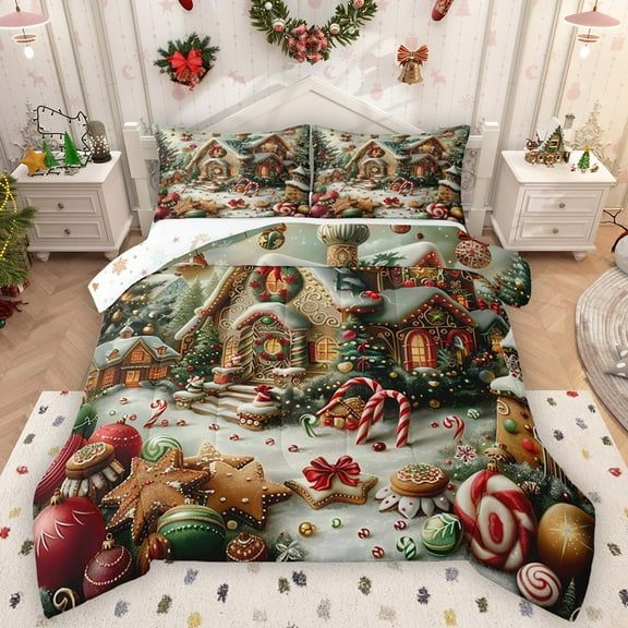 Homewish Xmas Gingerbread Man 2pcs Bedding Comforter Set For Teens Boys Girls,Colorful Candy Cane Twin Comforter Sets,Merry Christmas Breathable Bedding Set,Ultra Soft Home Decor,Reversible