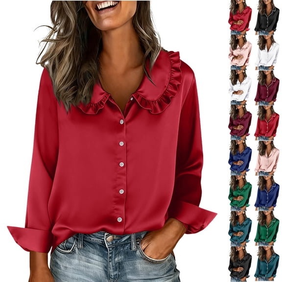 HAPIMO Women's Satin Tops Long Sleeve Ruffle Lapel Blouses Elegant Office Casual Silky Shirts Solid Button Down Shirts Lightweight Tops for All Season White M