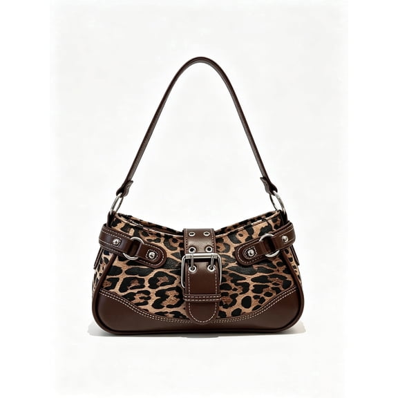 Women's Leopard Print Shoulder Bag with Buckle Accent, Retro Underarm Handbag, Fashion PU Leather Purse